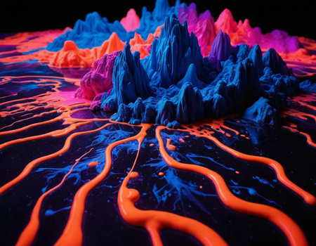 3d illustration of abstract background with colorful paint splashes on blackの素材