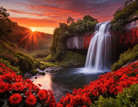 Beautiful waterfall in Sri Lanka with red flowers at sunset time.の素材