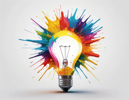Glowing light bulb and colorful splashes as idea and creativity conceptの素材
