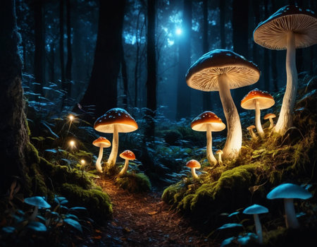 Mushrooms in the forest at night. 3D rendering.の素材