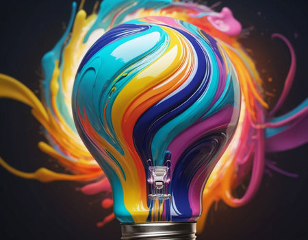 Light bulb with colorful paint splashes on black background. 3D renderingの素材