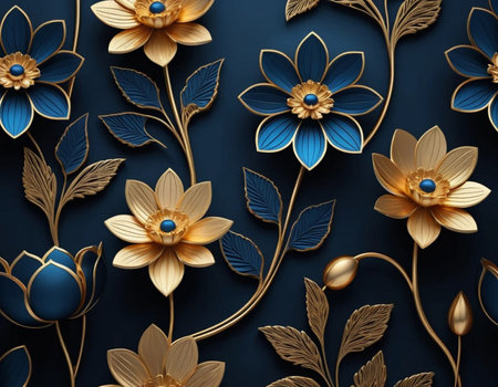 3d render, abstract floral background, blue and gold flowers on dark blueの素材