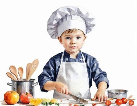 little boy in the hat of the cook is cooking on a white backgroundの素材