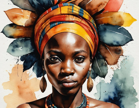 portrait of beautiful African woman with headscarf on watercolor backgroundの素材
