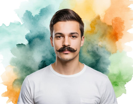 portrait of handsome young man with mustache and colorful watercolor backgroundの素材