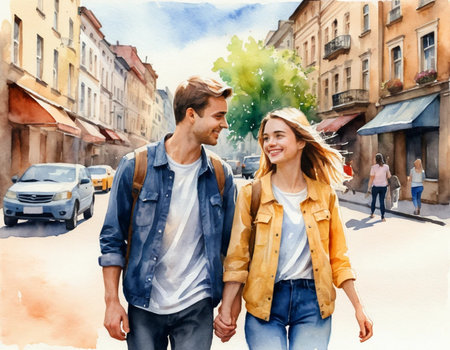 Digital composite of Couple walking in the city with watercolor backgroundの素材