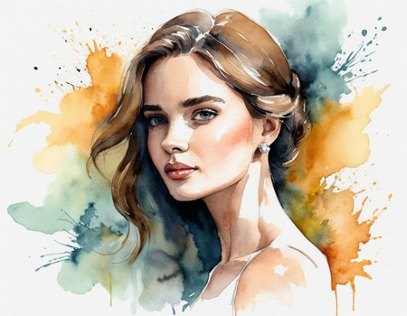 Portrait of a beautiful young woman with watercolor splashes.の素材