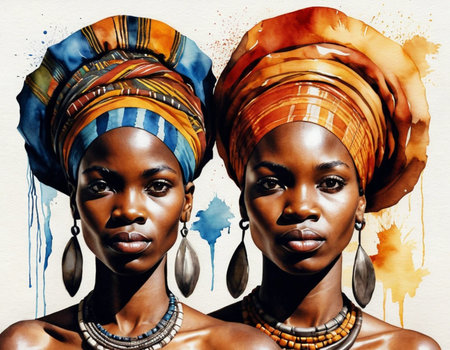 Beautiful african women in traditional clothing. Watercolor painting.の素材