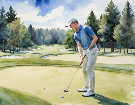 Digital composite of golfer playing golf at golf course against trees and skyの素材