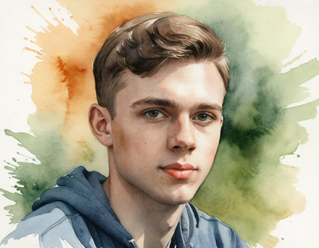 Portrait of a young man with short hair. Watercolor painting.の素材