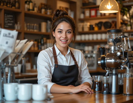 Portrait of smiling female barista sitting at counter in coffee shopの素材