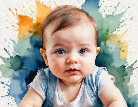 Portrait of a cute baby boy with colorful watercolor splashesの素材