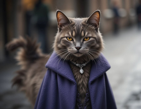 Portrait of a beautiful cat in a coat on the street.の素材