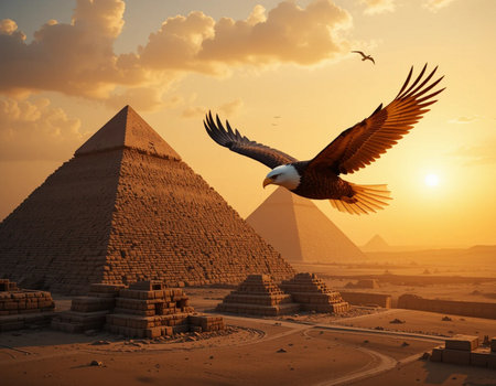 Eagle flying in front of the pyramids of Giza, Egyptの素材