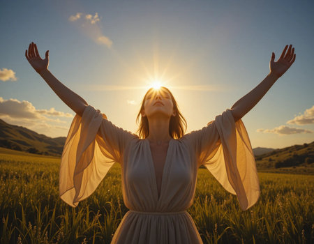 Young woman with arms outstretched enjoying the sun in a wheat fieldの素材