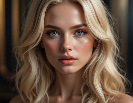 Portrait of a beautiful blonde girl with long hair. Beauty, fashion.の素材