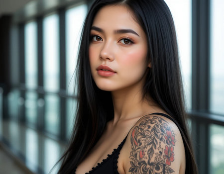 Portrait of a beautiful Asian woman with black hair and tattooの素材