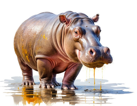 Hippopotamus in water isolated on white background with clipping pathの素材