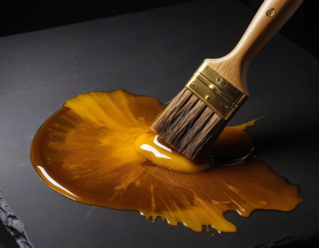 Honey dripping from a paintbrush on a black background close upの素材