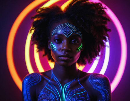 Beautiful african american woman with neon lights on her faceの素材