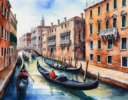 Watercolor painting of gondolas on canal in Venice, Italyの素材