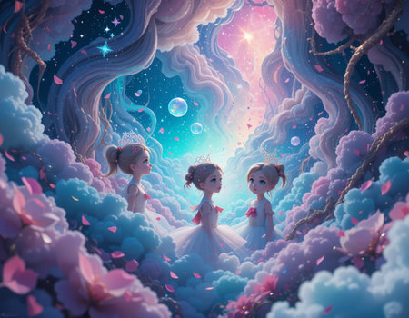 3d illustration of fairy tale scene with little mermaids and fantasy cloudsの素材