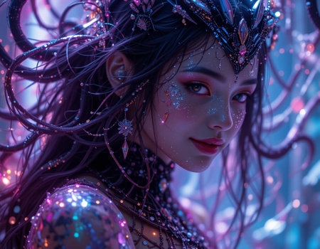 Beautiful girl with long hair and fantasy make up in neon lightの素材