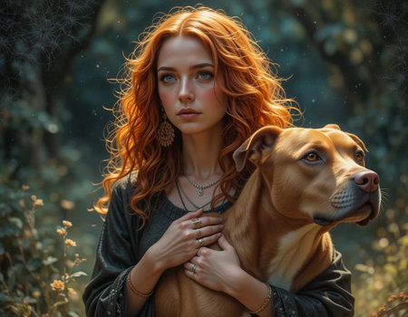 Portrait of a beautiful red-haired girl with a dog.の素材