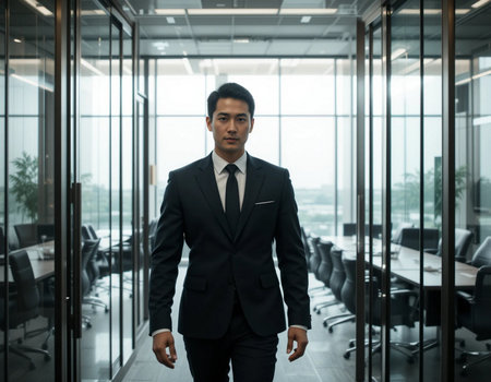 Portrait of young Asian businessman in suit walking in modern office.の素材