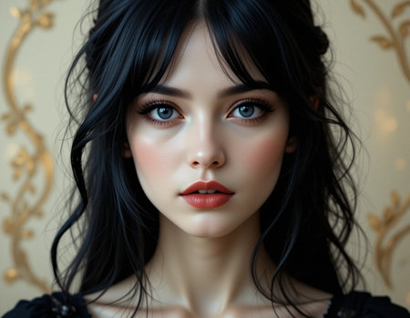 Portrait of a beautiful woman with long black hair and evening make-upの素材
