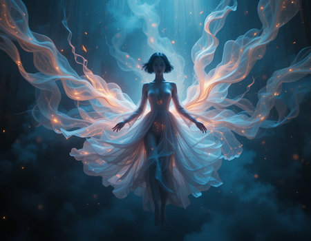 3d illustration of a beautiful young woman in a fantasy space.の素材