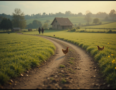 Chickens walking in the field at sunset. Rural scene.の素材