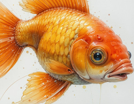 Close up of a goldfish on a white background. Watercolor painting.の素材