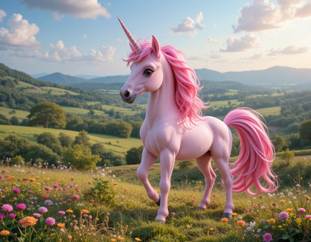 Unicorn with pink mane on the background of the mountains.の素材
