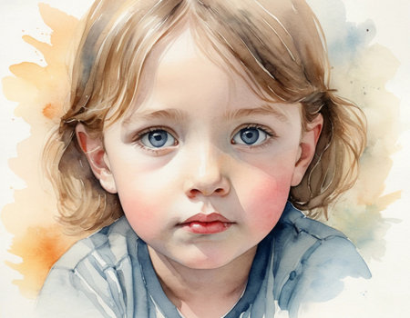 Close-up portrait of a child with blond hair. Watercolor painting.の素材