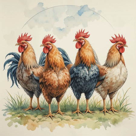 Three roosters on the grass. Watercolor hand drawn illustrationの素材