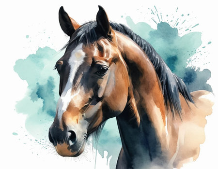 Watercolor portrait of a bay horse on a watercolor background.の素材