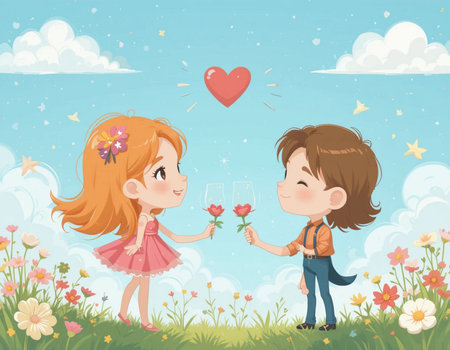 Illustration of a Cute Boy Giving a Rose to a Girlの素材