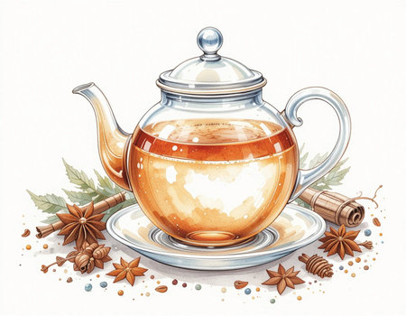 Illustration of a glass teapot with cinnamon, anise and clovesの素材