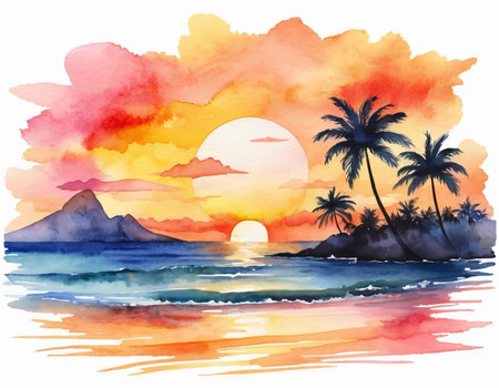 Watercolor seascape with palm trees and sunset. Hand drawn illustrationの素材