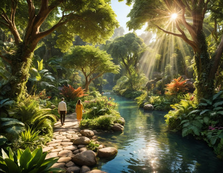 Man and woman walking in the tropical garden with sunbeams.の素材