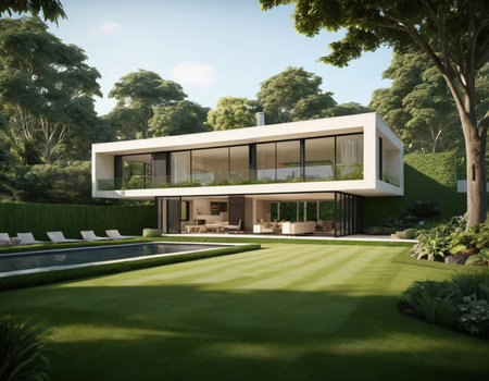 3d rendering of modern cozy house with pool and parking for sale or rent in luxurious style.の素材