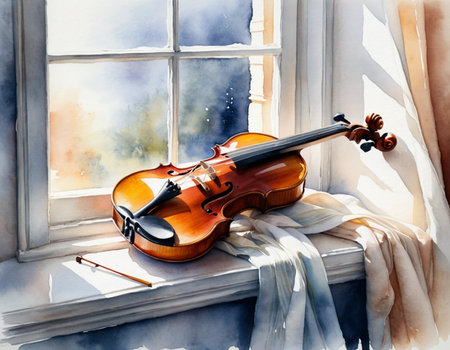 Watercolor painting of violin lying on the window sill near the windowの素材