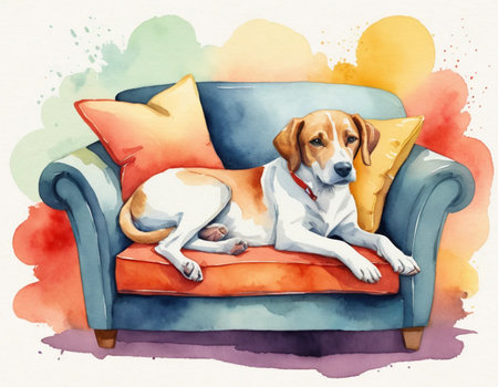 Illustration of a dog lying on a sofa. Watercolor painting.の素材