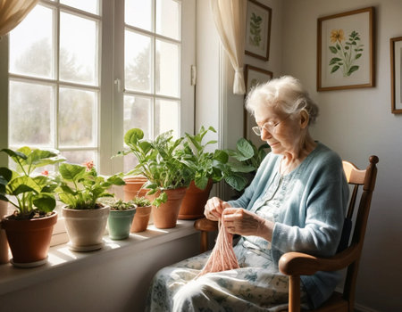 Elderly woman knitting while sitting on the window sill at homeの素材