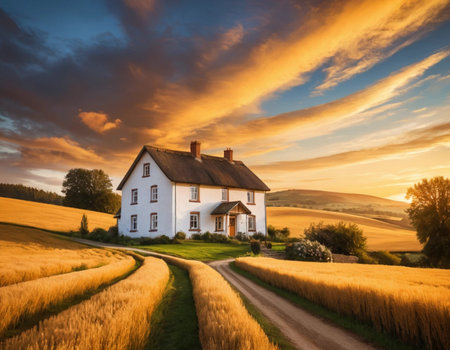 Sunset over a farm house in the middle of a wheat fieldの素材