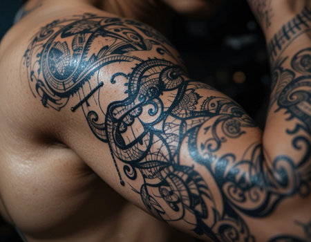 Tattooed woman with a tattoo on her arm, close upの素材