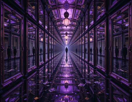 Futuristic corridor with glowing lights and reflections. 3D renderingの素材
