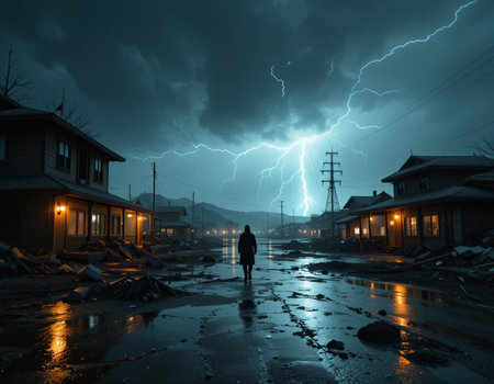 Man standing in front of a destroyed house with lightning in the backgroundの素材