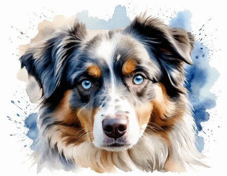 Watercolor portrait of Australian shepherd dog with blue eyes. Hand drawn illustration.の素材